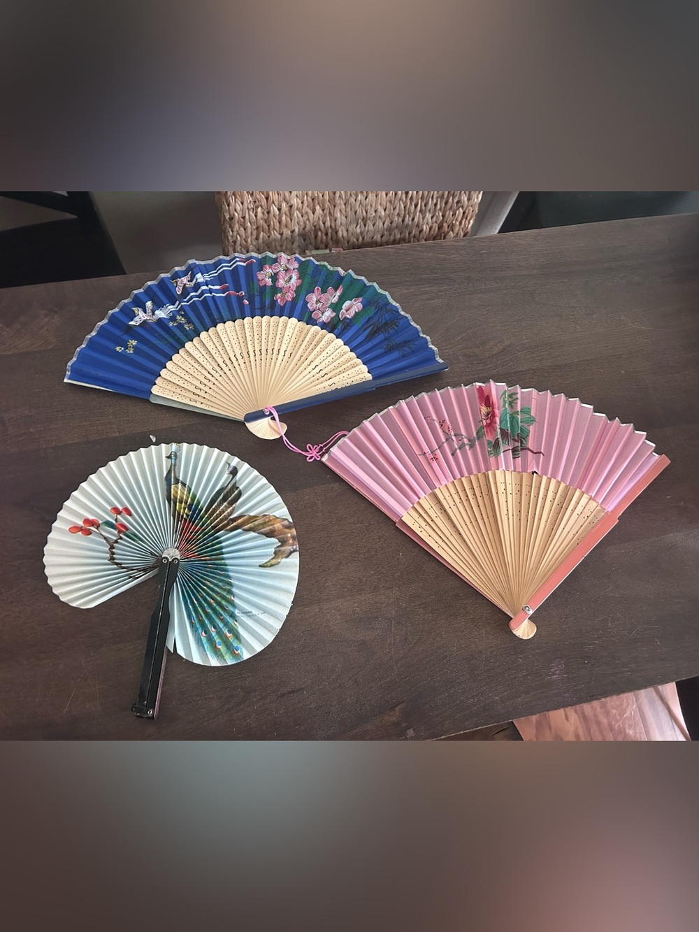 Set of 3 Decorative Hand Fans - Blue, Pink, Pale Blue